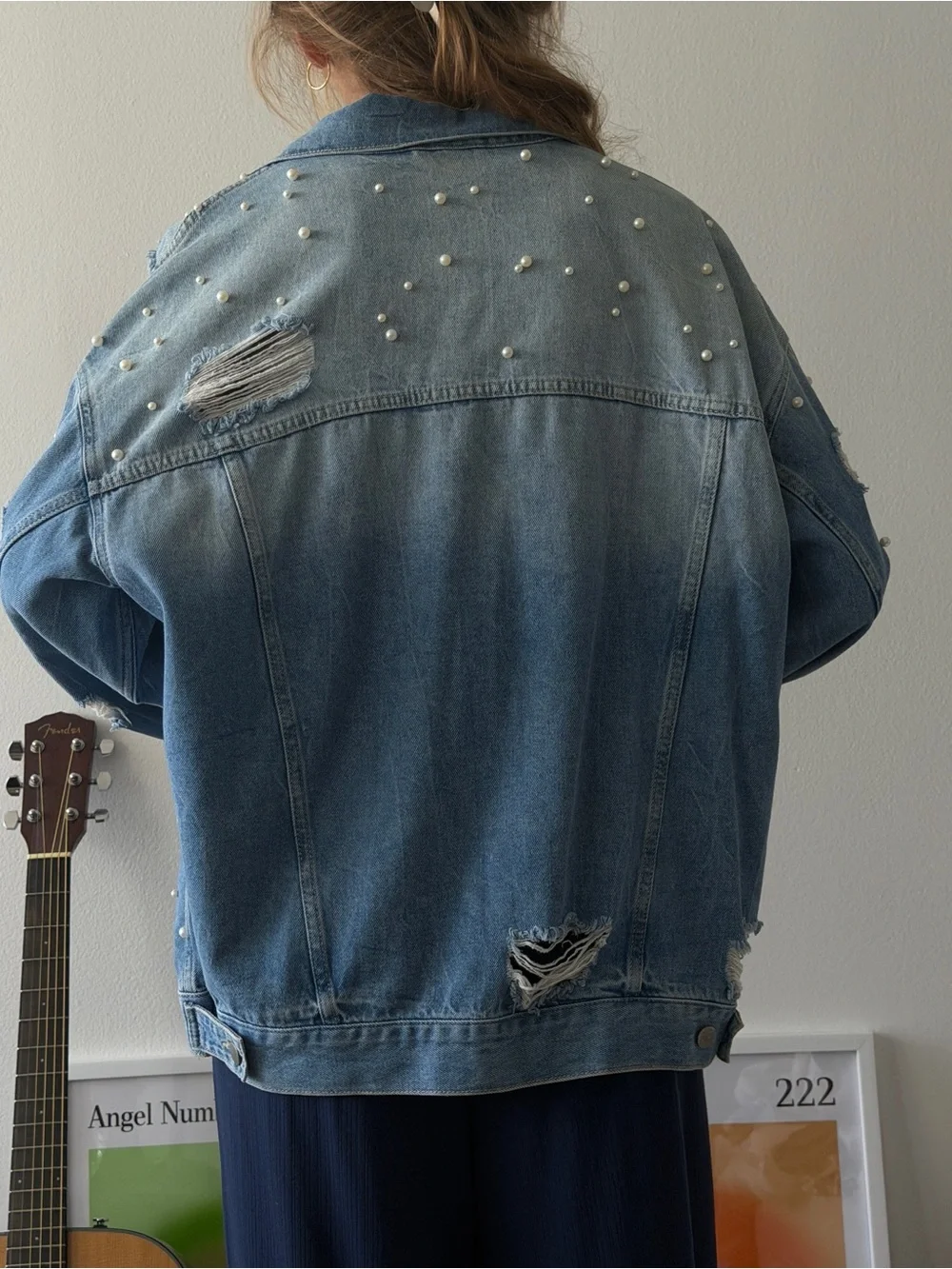 Free People Pearl-Embellished Light Blue Distressed Denim Jacket - Picture 2 of 2